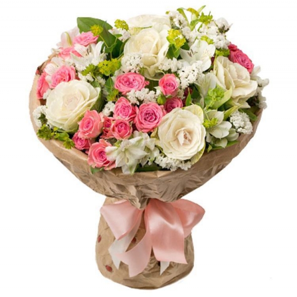  Belek Çiçek - Beyaz Gül Ve Pembe Mini Gül Buketi 